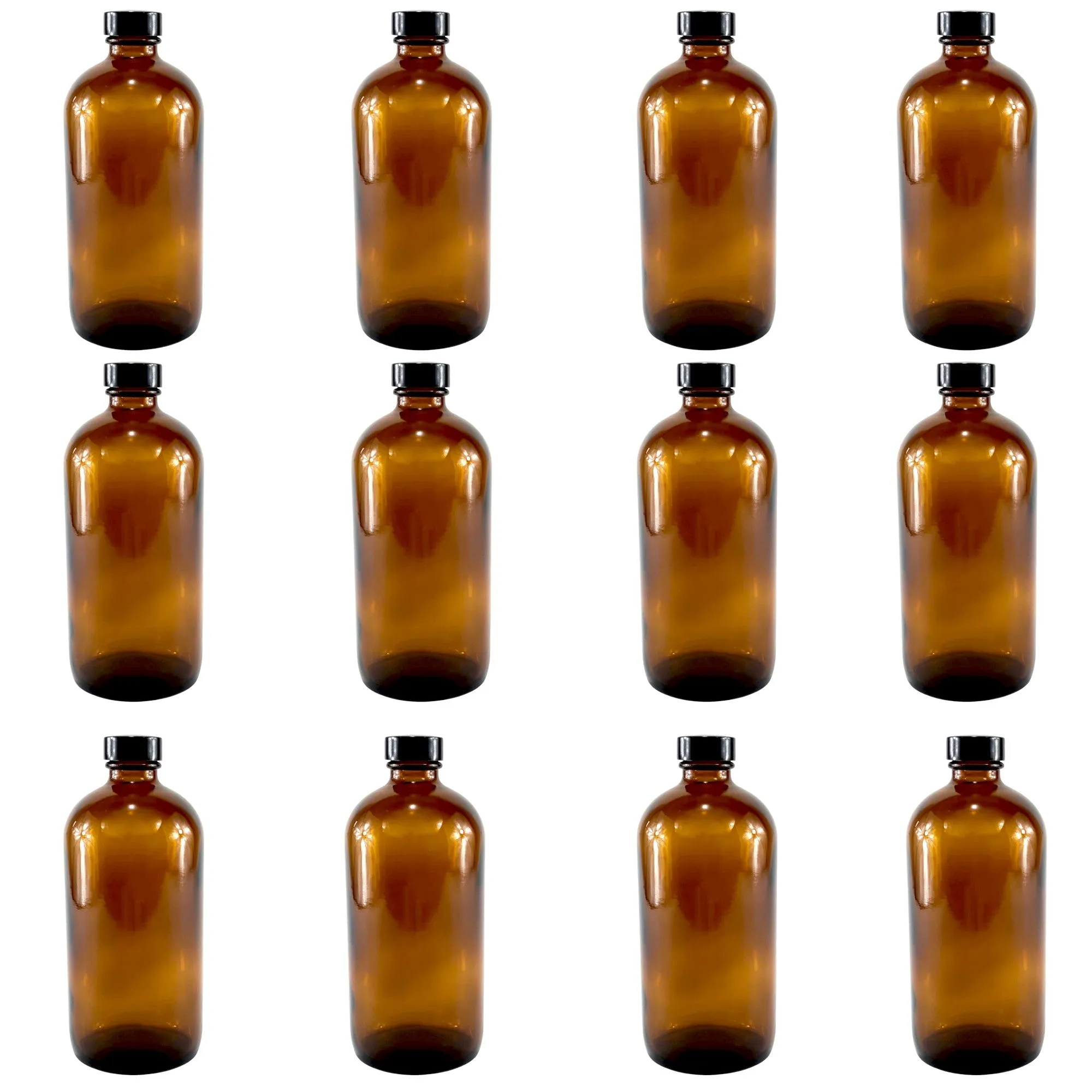 Bottle, Flint Glass, Amber Color, 16 ounce, with cap.  Pack 12.