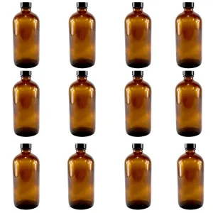 Bottle, Flint Glass, Amber Color, 16 ounce, with cap.  Pack 12.
