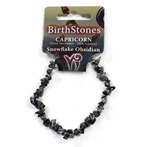 Capricorn Birthstone Adult Elasticated Chip Bracelet Gift - Snowflake Obsidian