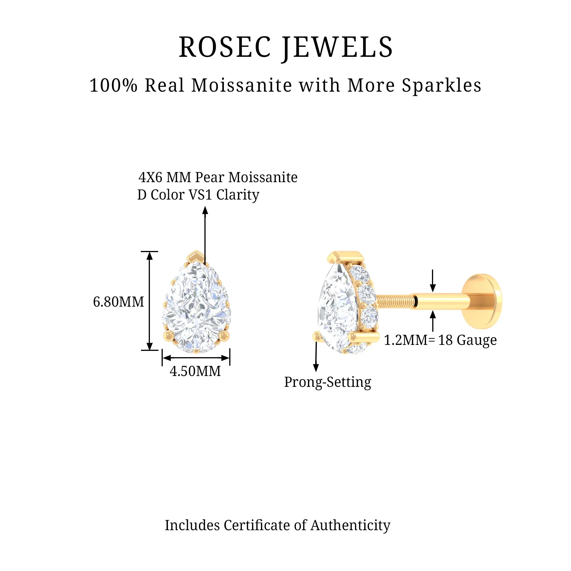 Certified Moissanite Teardrop Helix Earring in Gold