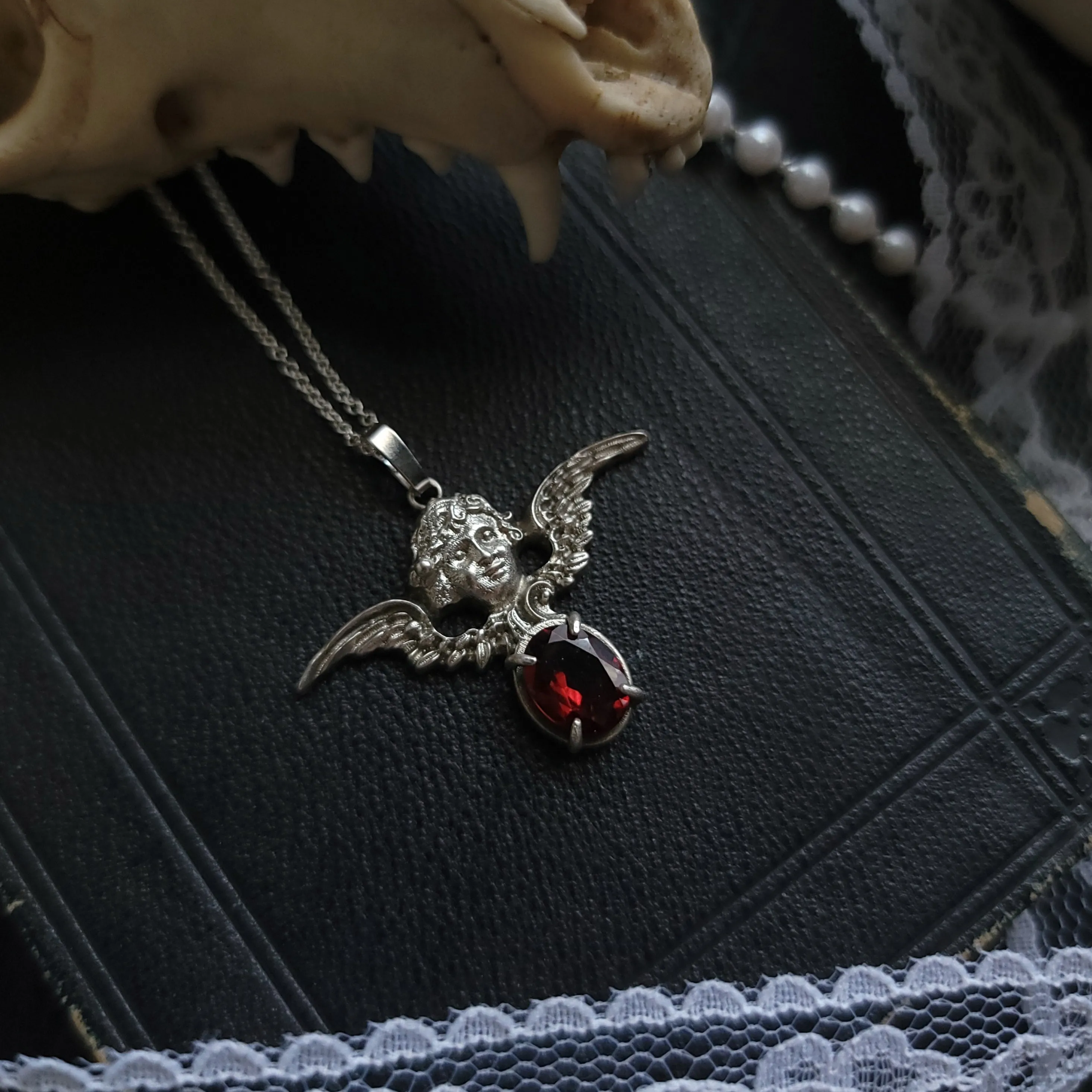 Cherubim - Sterling Silver Angel Necklace with Garnet