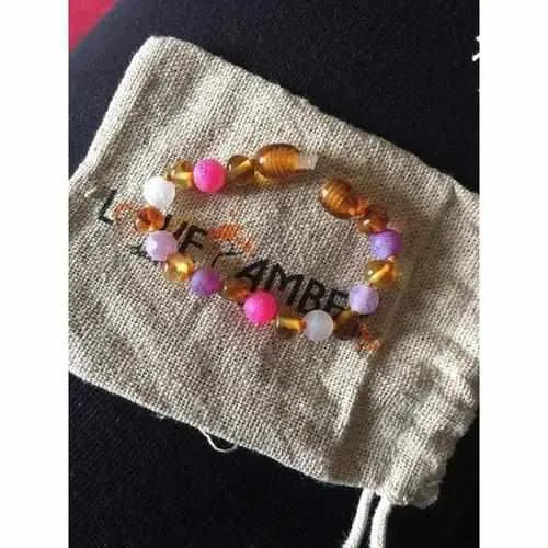 Child Amelie Pink Purple Agate Honey Baltic Amber Anklet Bracelet
