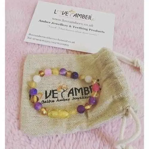Child Amelie Pink Purple Agate Honey Baltic Amber Anklet Bracelet