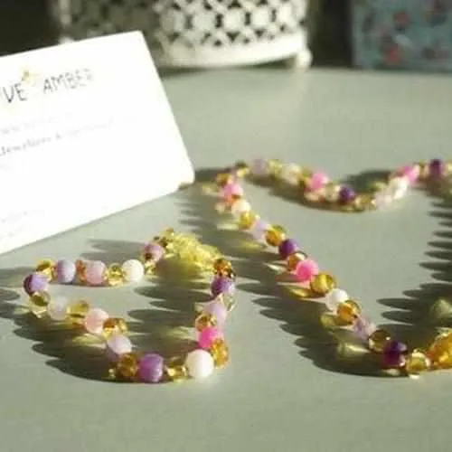 Child Amelie Pink Purple Agate Honey Baltic Amber Anklet Bracelet