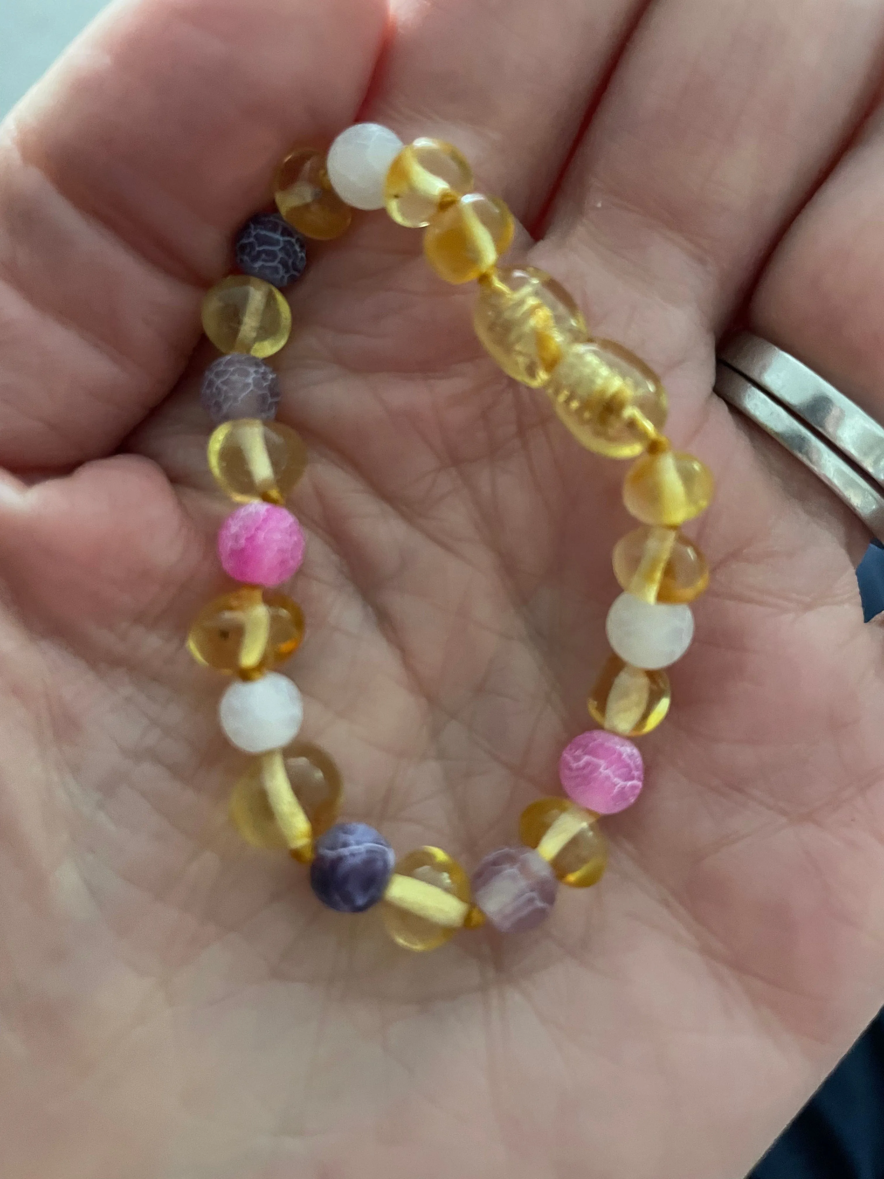 Child Amelie Pink Purple Agate Honey Baltic Amber Anklet Bracelet