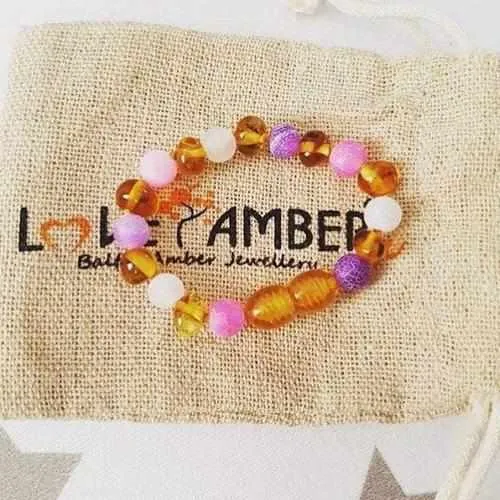 Child Amelie Pink Purple Agate Honey Baltic Amber Anklet Bracelet