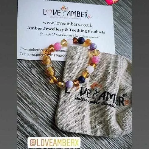Child Amelie Pink Purple Agate Honey Baltic Amber Anklet Bracelet