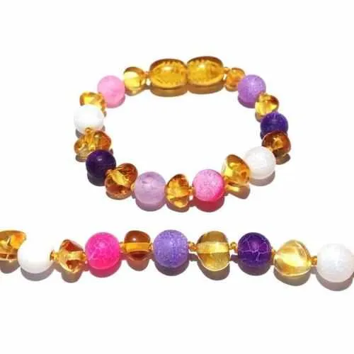 Child Amelie Pink Purple Agate Honey Baltic Amber Anklet Bracelet