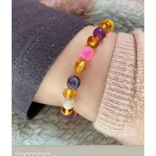 Child Amelie Pink Purple Agate Honey Baltic Amber Anklet Bracelet