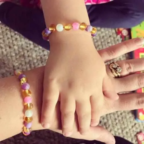 Child Amelie Pink Purple Agate Honey Baltic Amber Anklet Bracelet