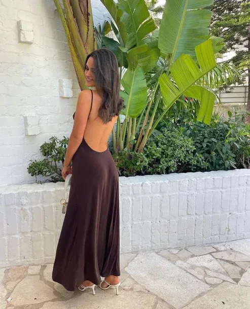 Chocolate Spaghetti Straps Backless Elegant Party Dress Charming Evening Dress