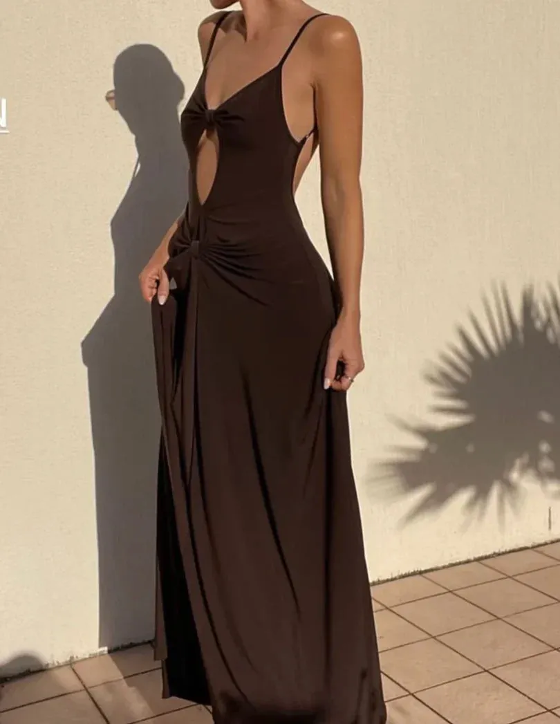Chocolate Spaghetti Straps Backless Elegant Party Dress Charming Evening Dress