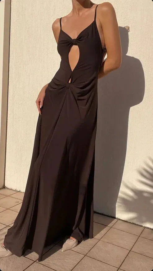 Chocolate Spaghetti Straps Backless Elegant Party Dress Charming Evening Dress