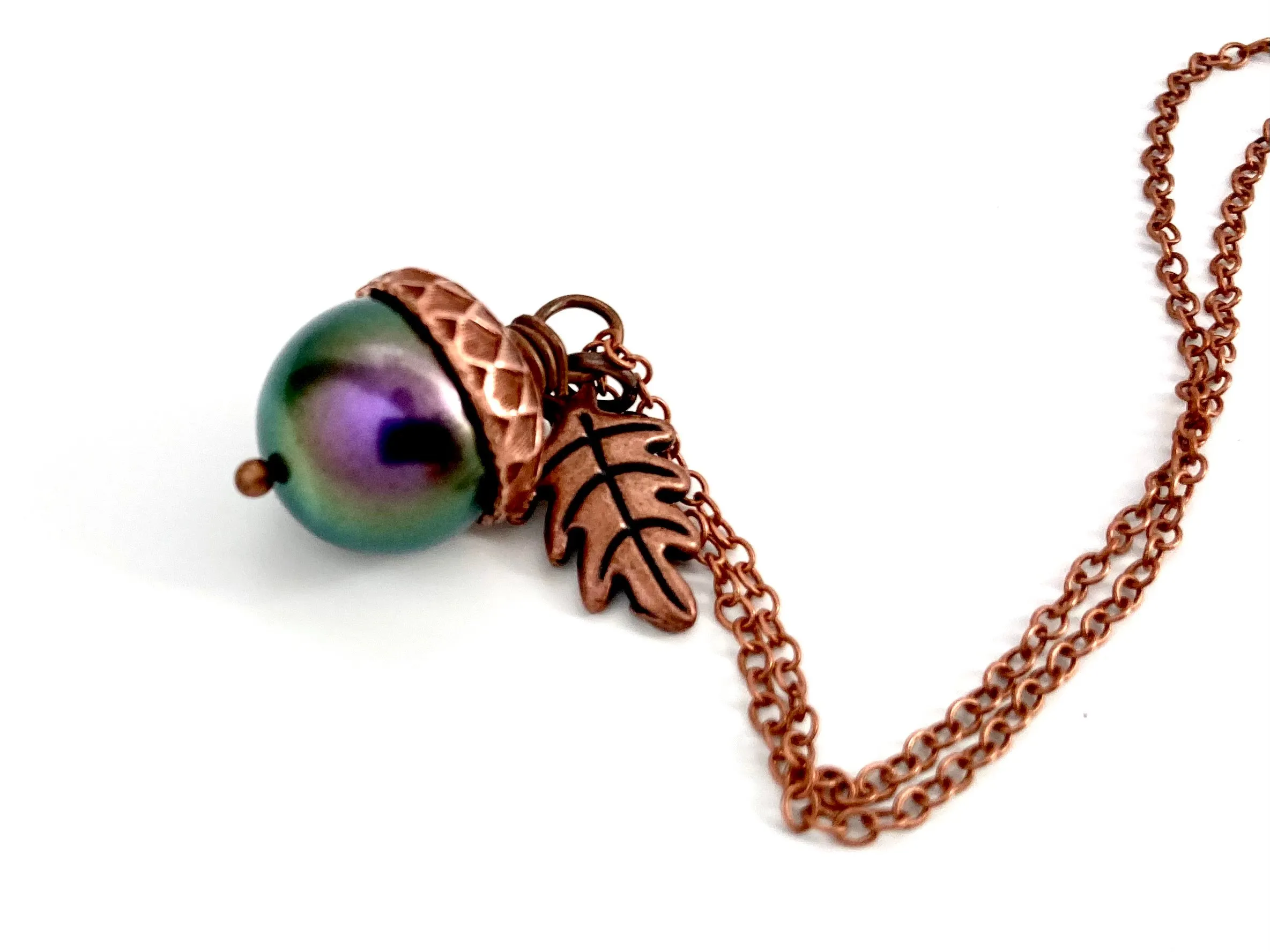 Copper Bewitched Magic Acorn Necklace | Iridescent Purple and Green Acorn Pendant | Forest Nature Jewelry
