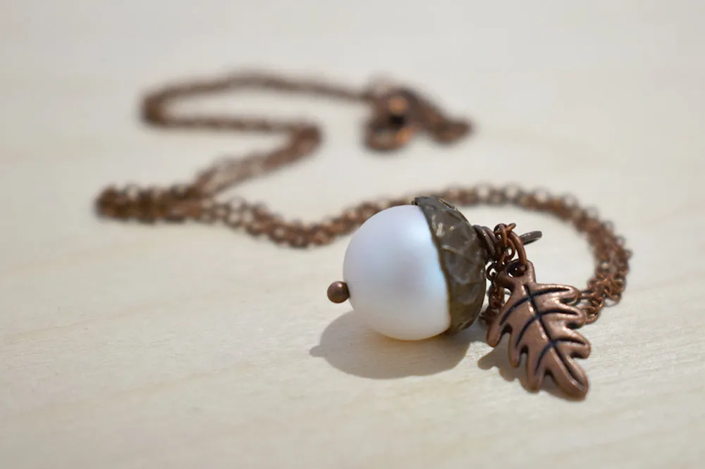 Copper Faerie Magic Acorn Necklace | Iridescent White Acorn Pendant | Forest Acorn Nature Jewelry