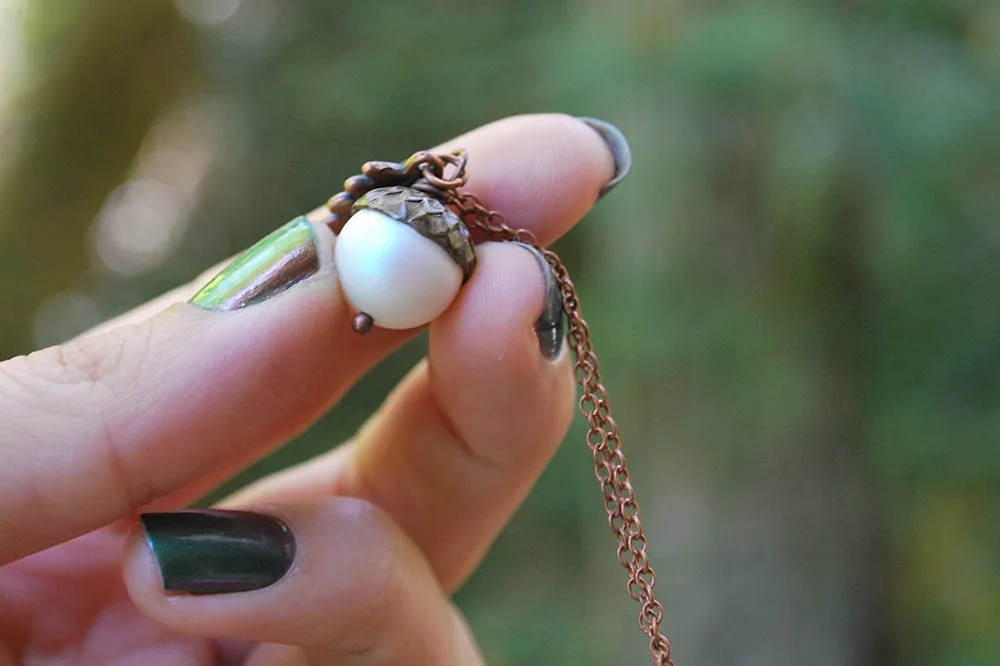 Copper Faerie Magic Acorn Necklace | Iridescent White Acorn Pendant | Forest Acorn Nature Jewelry