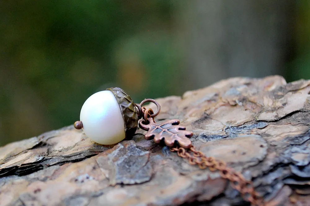 Copper Faerie Magic Acorn Necklace | Iridescent White Acorn Pendant | Forest Acorn Nature Jewelry