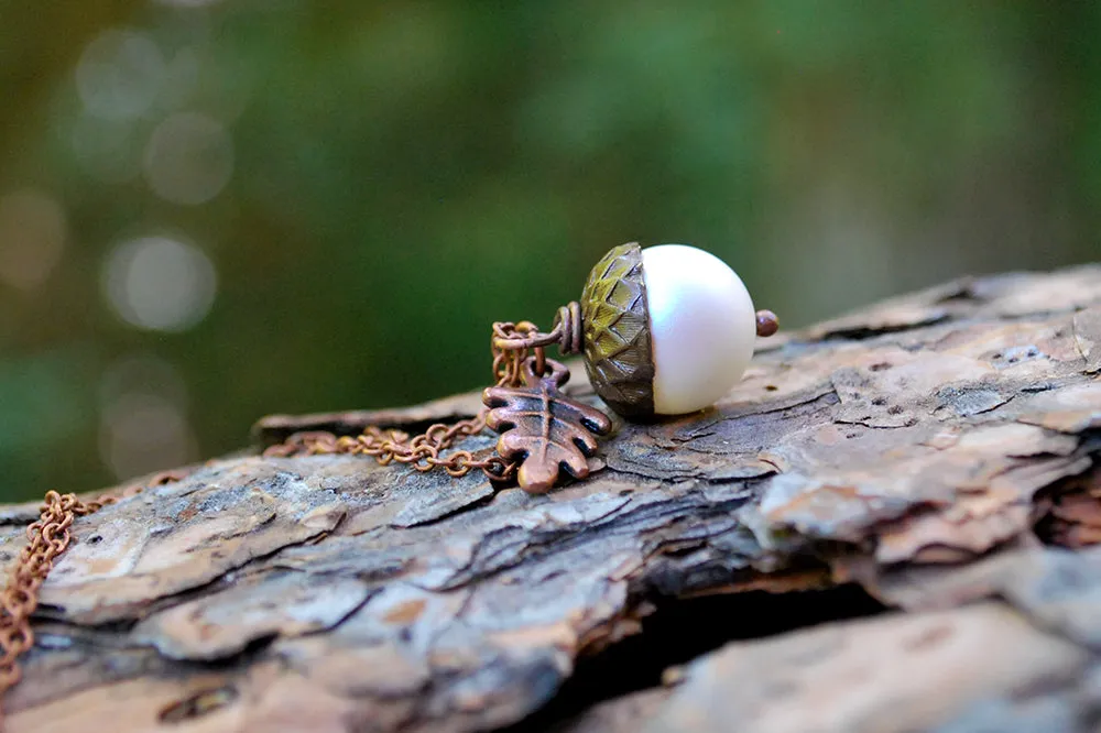 Copper Faerie Magic Acorn Necklace | Iridescent White Acorn Pendant | Forest Acorn Nature Jewelry