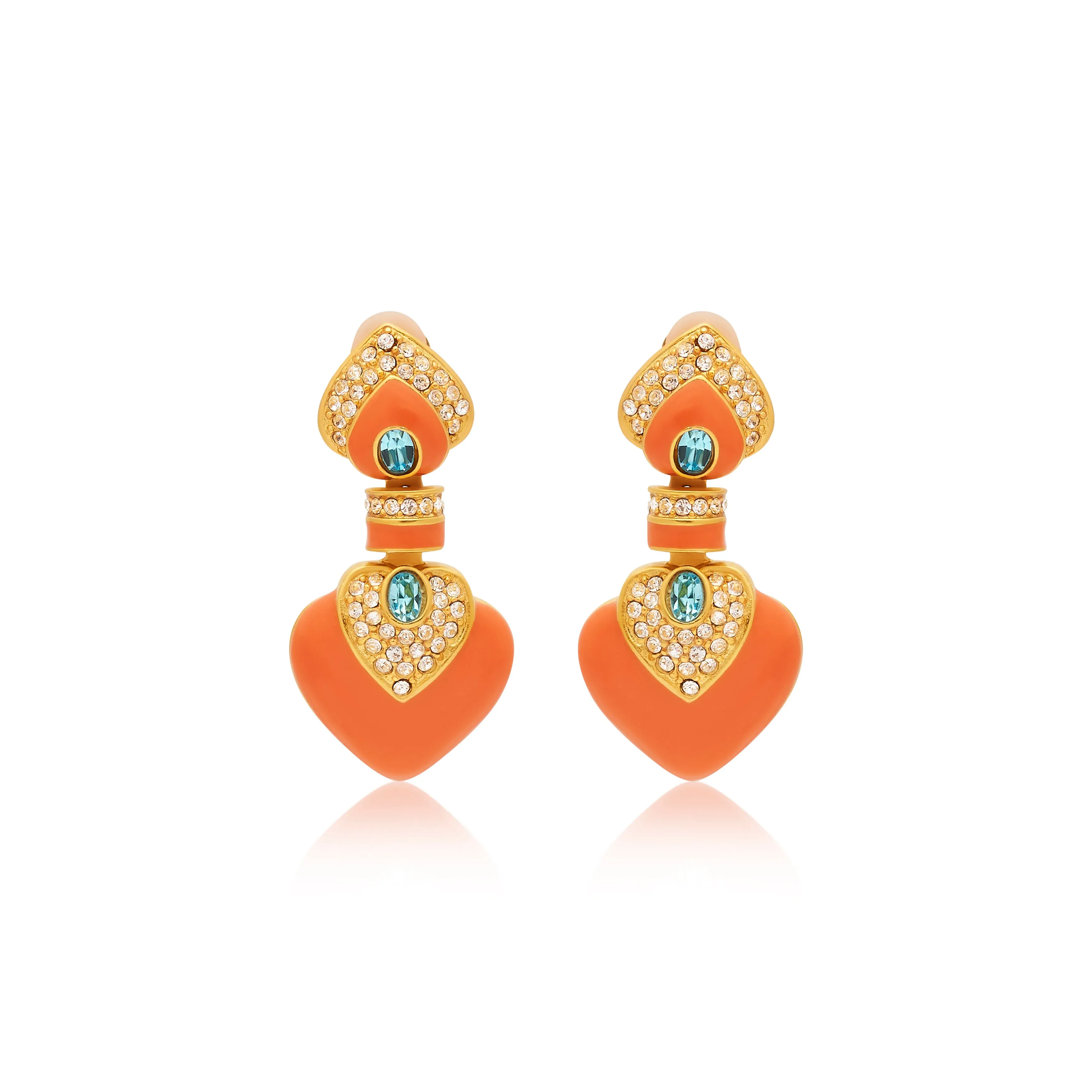Coral & Aquamarine Heart Drop Clip Earrings