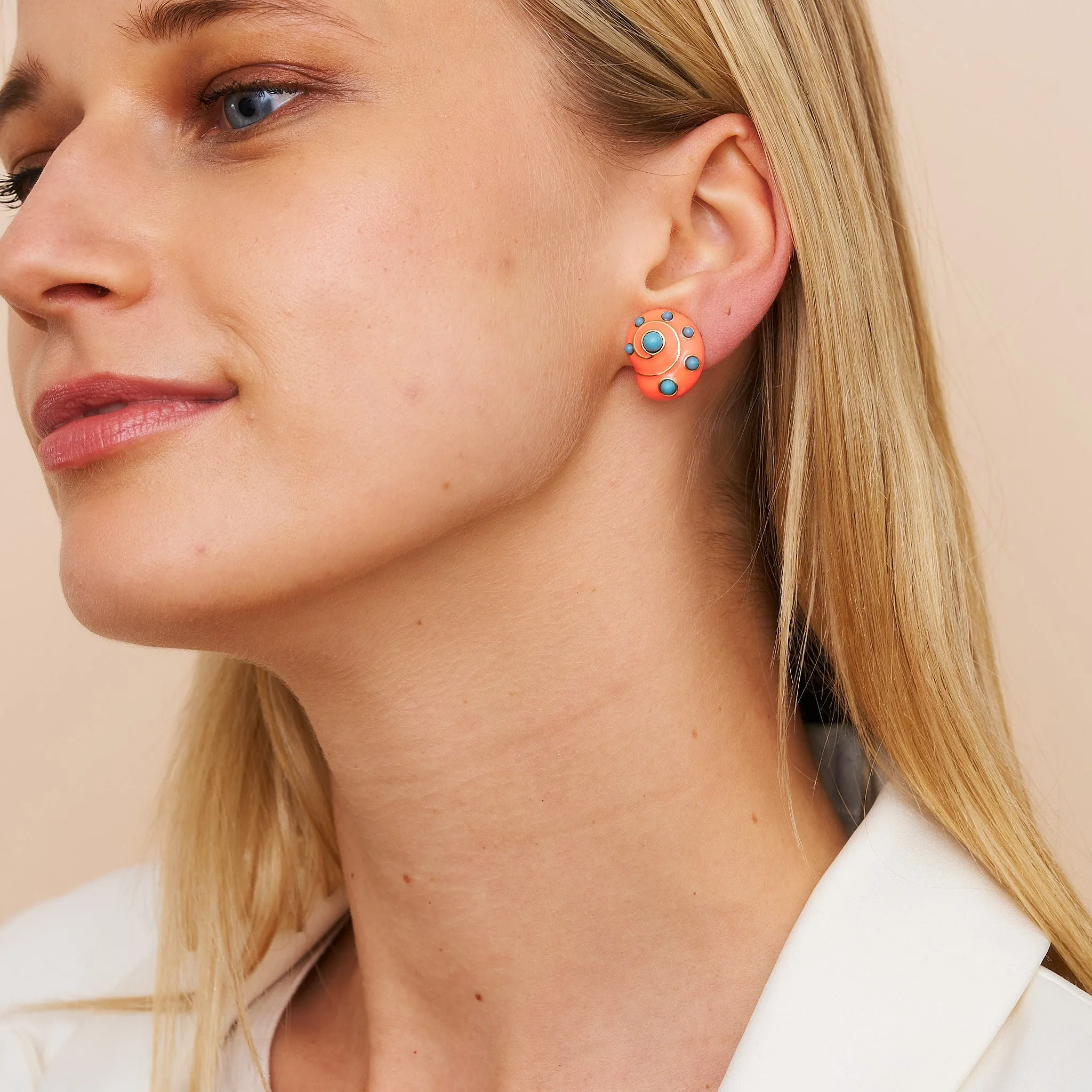Coral & Turquoise Snail Clip On Earrings