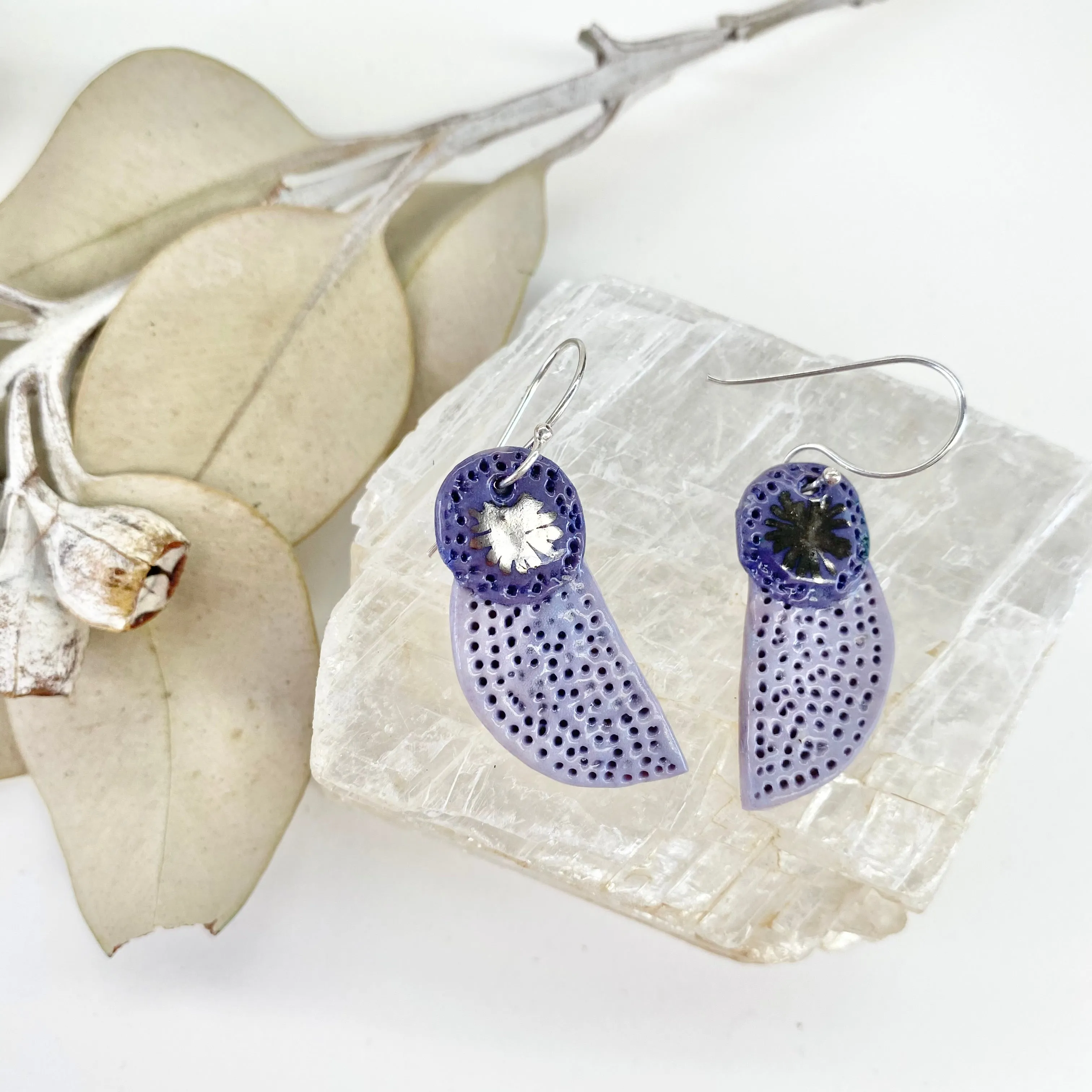 Coral Dot Crescent Porcelain Earrings