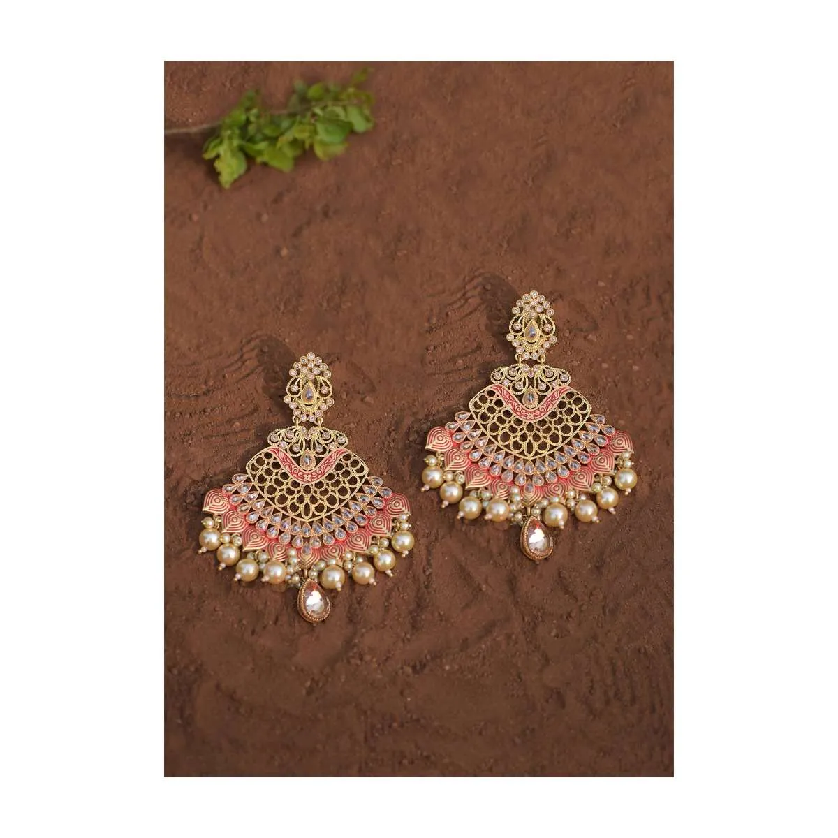 Coral Ethnic Earrings With Carved Scallop Pattern, Crystals And Dangling Pearls Online - Kalki Fashion