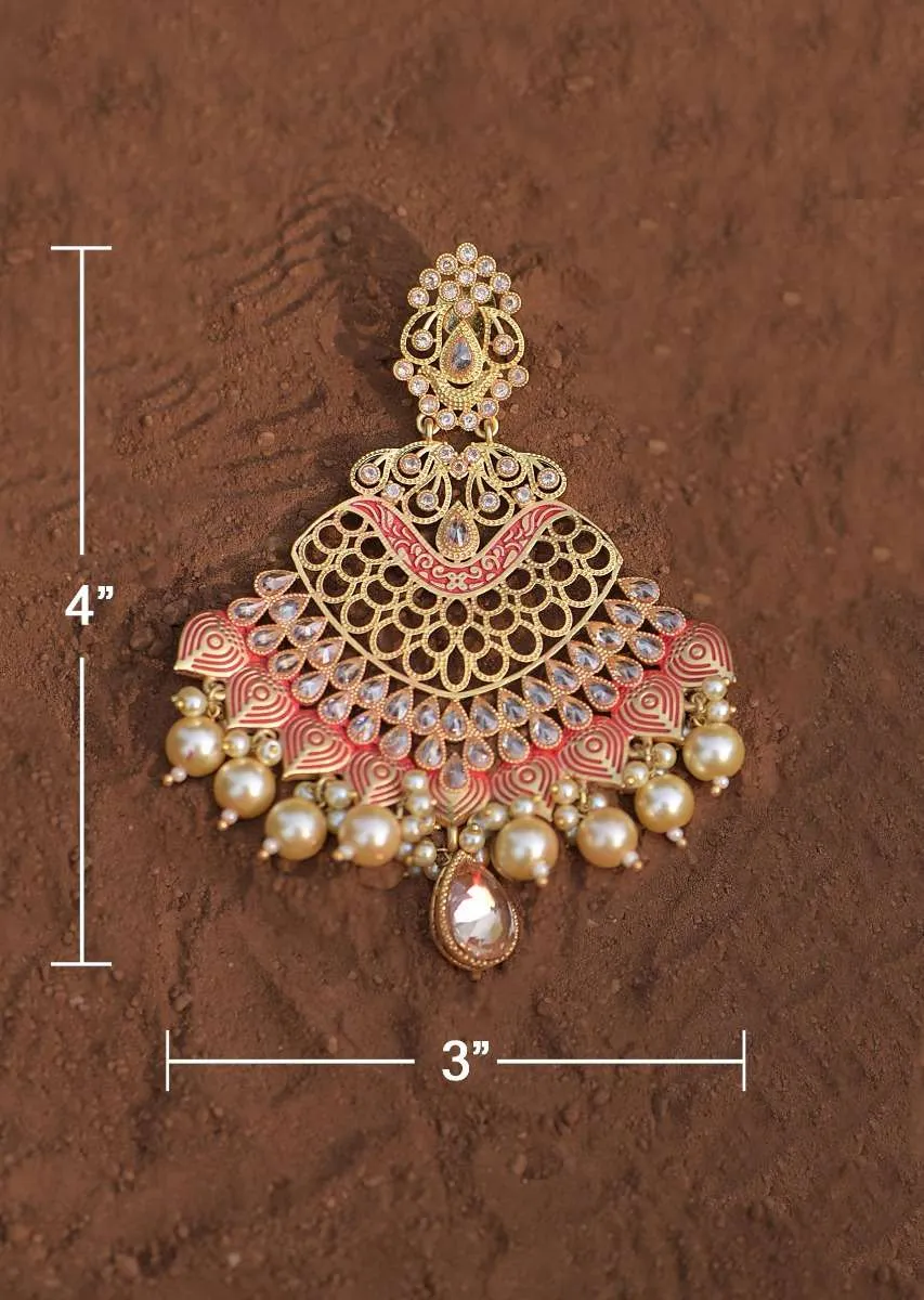 Coral Ethnic Earrings With Carved Scallop Pattern, Crystals And Dangling Pearls Online - Kalki Fashion