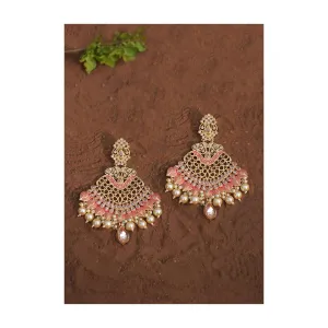 Coral Ethnic Earrings With Carved Scallop Pattern, Crystals And Dangling Pearls Online - Kalki Fashion