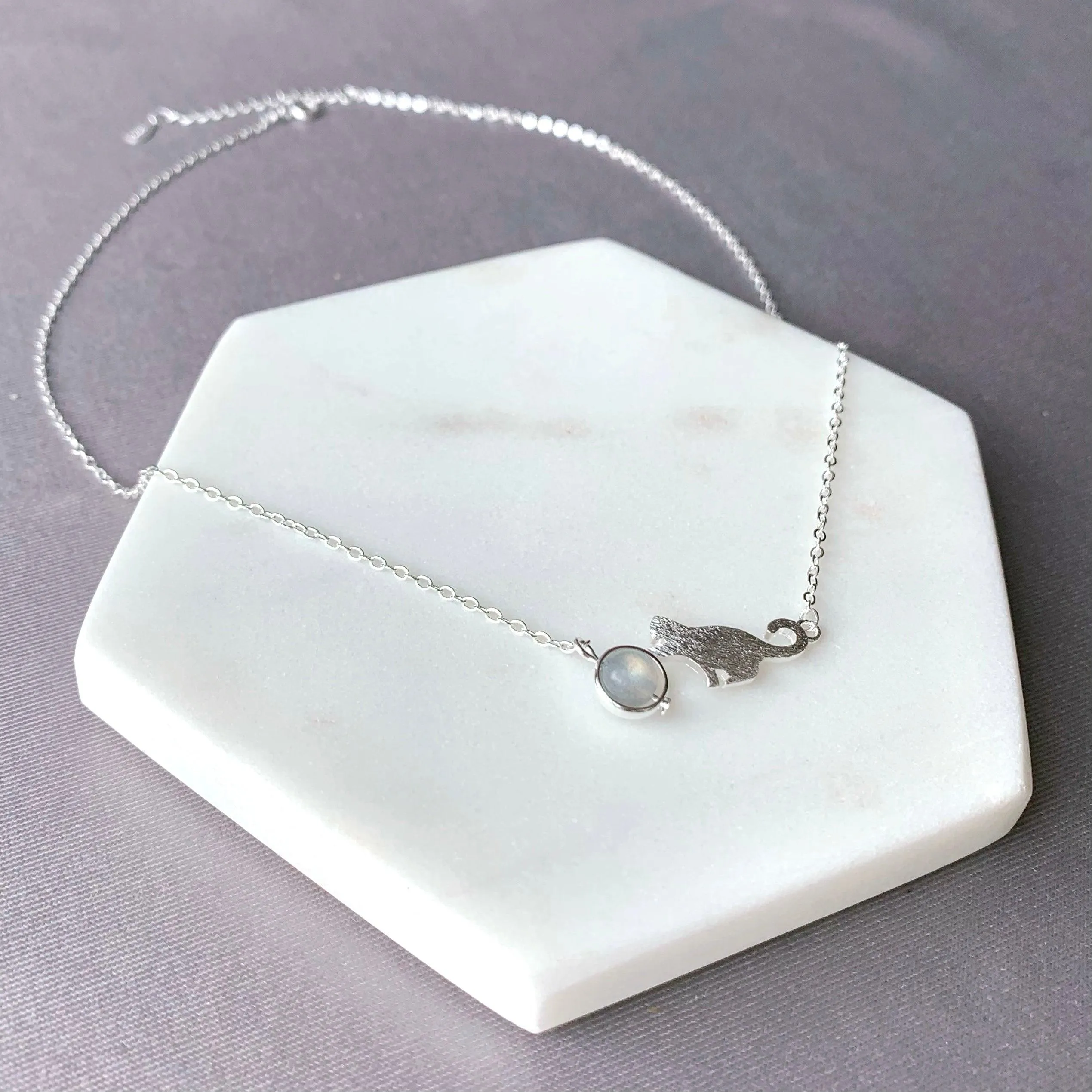 Cute Cat Grey Moonstone Necklace