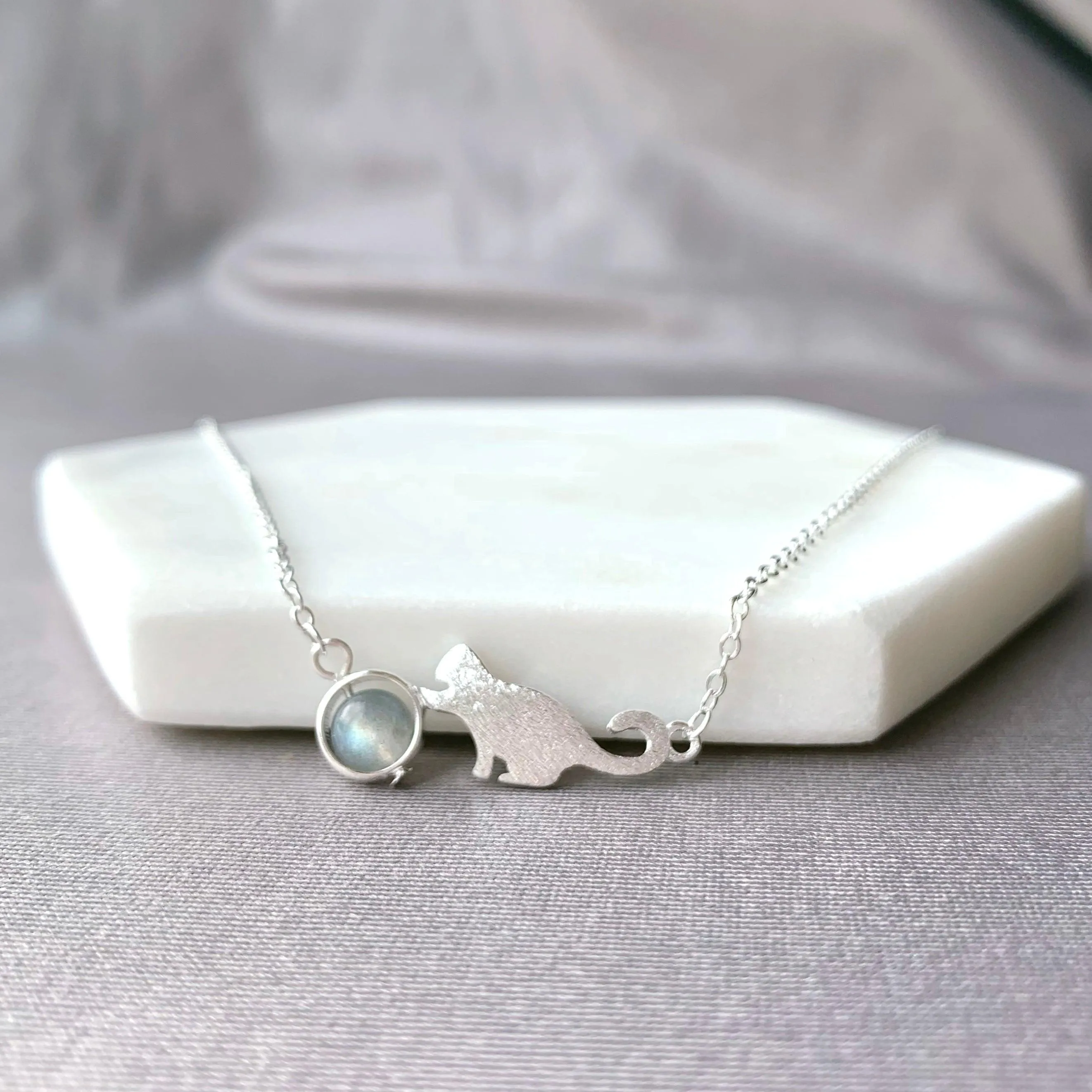 Cute Cat Grey Moonstone Necklace