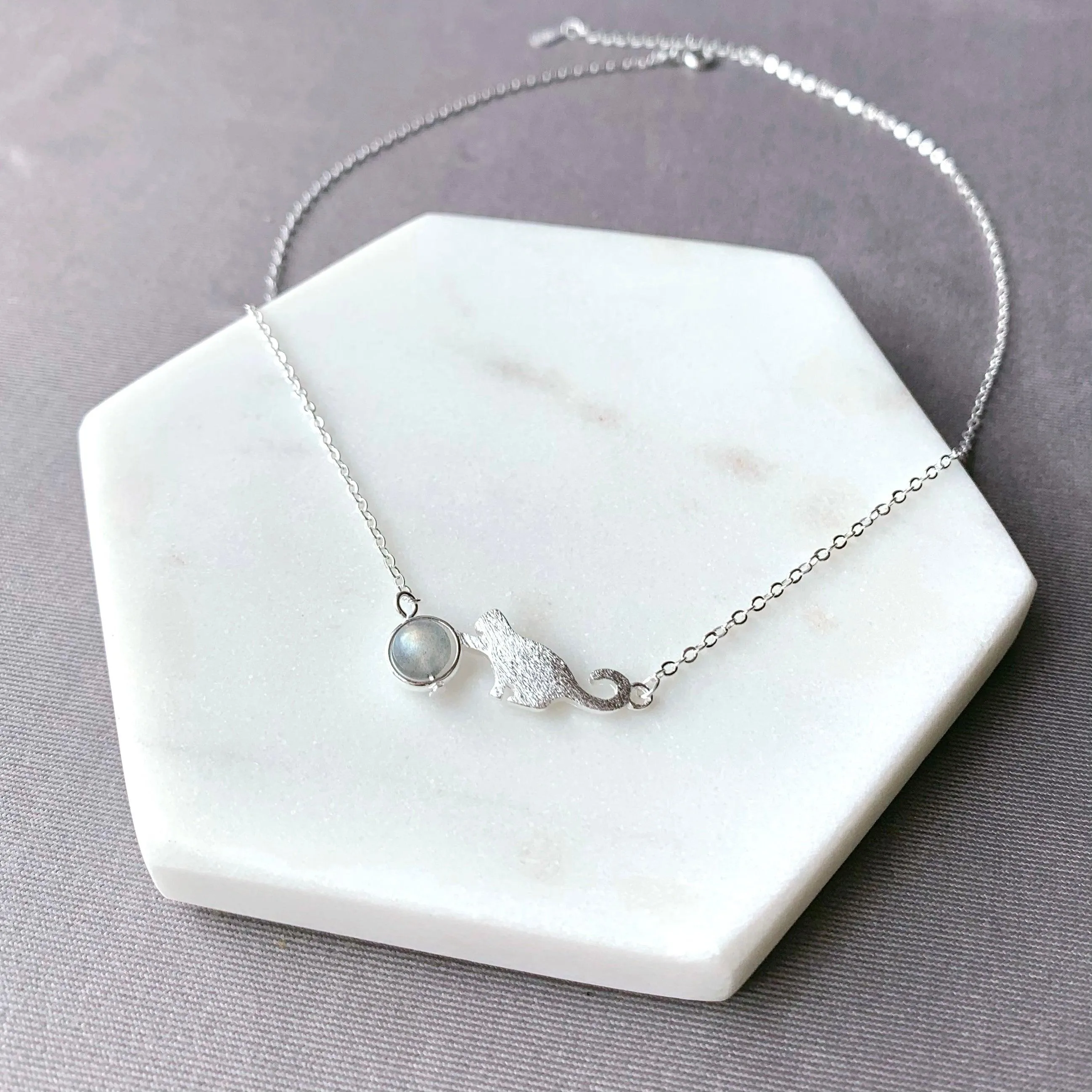 Cute Cat Grey Moonstone Necklace
