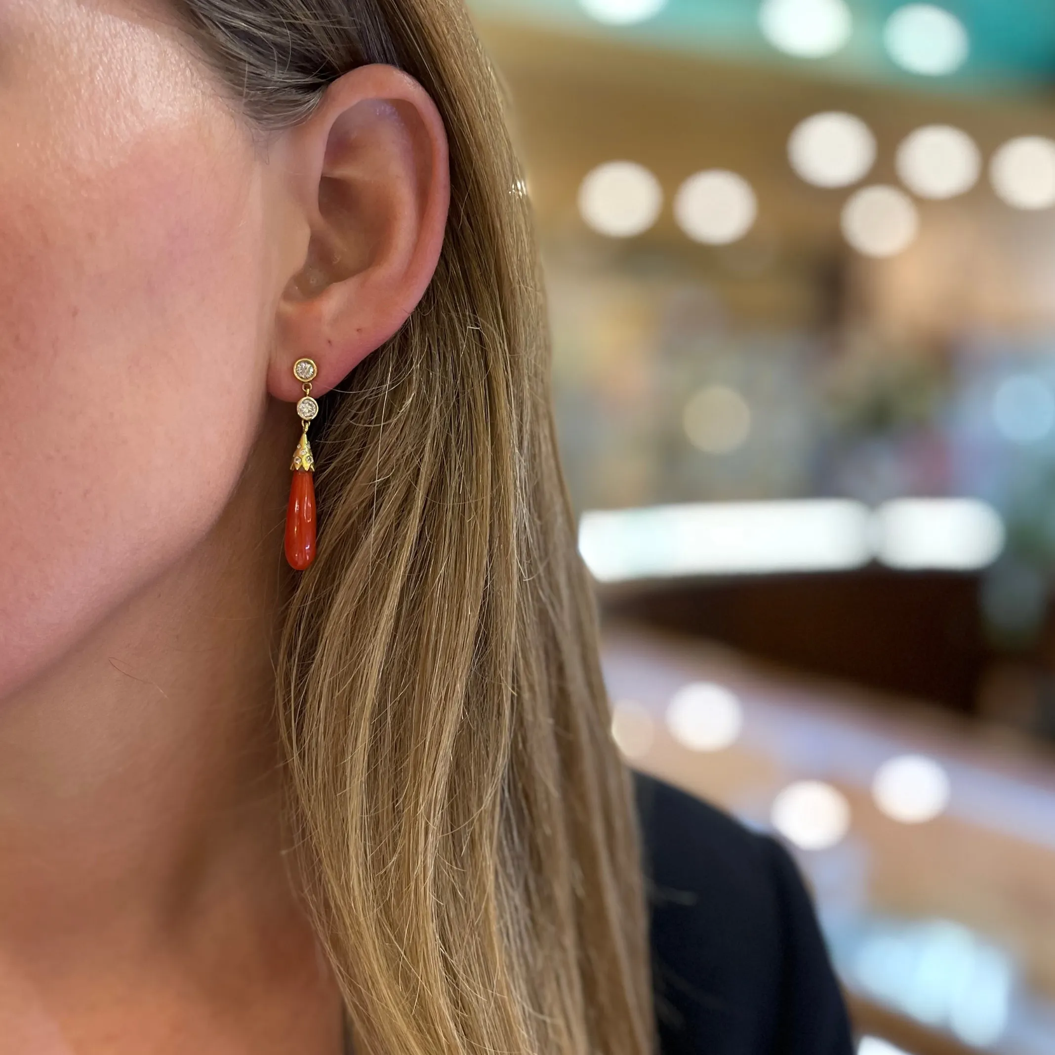 Daisy Exclusive Coral and Diamond Drop Earrings