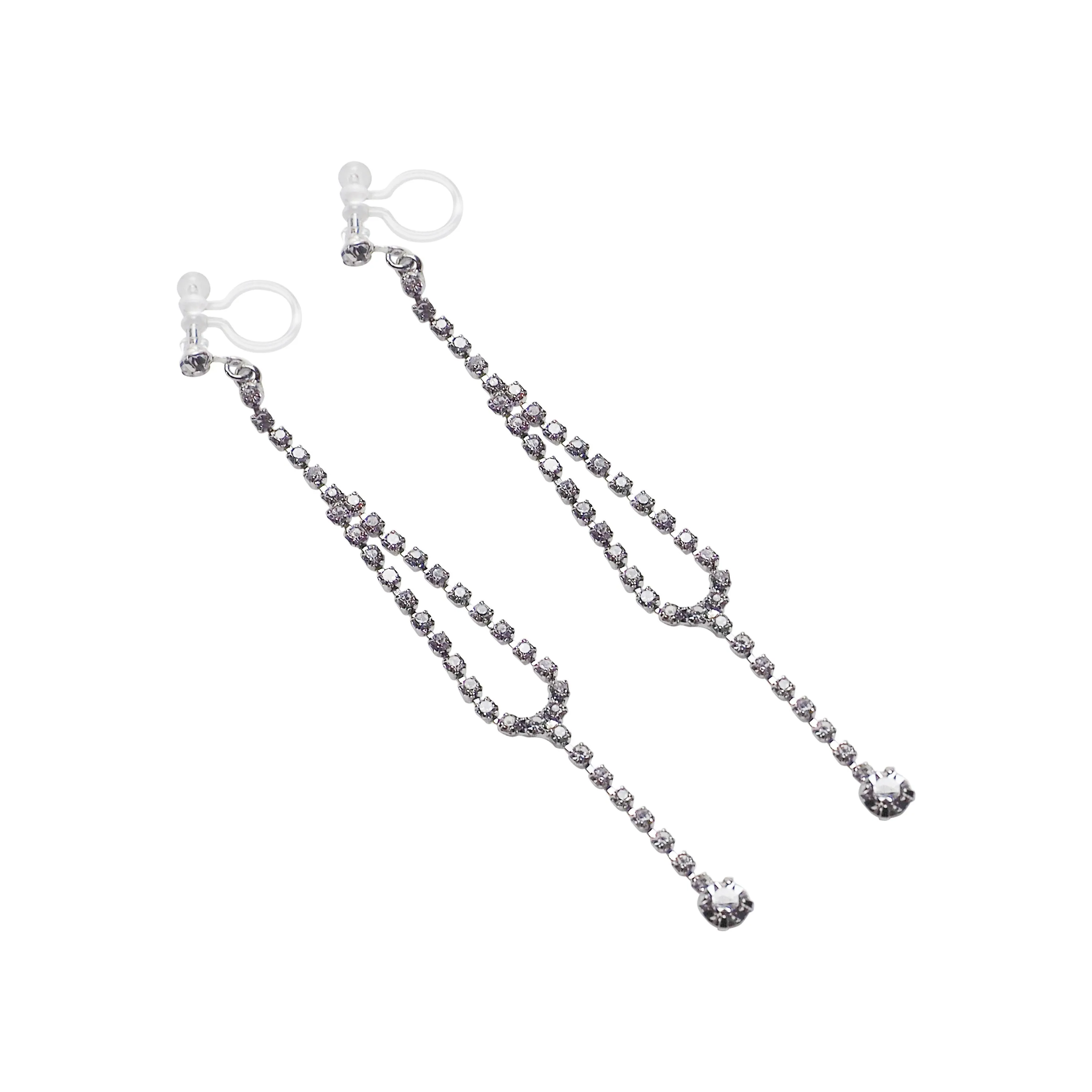 Dangle Silver Long Teardrop Rihnestone Crystal Invisible Clip On Earrings