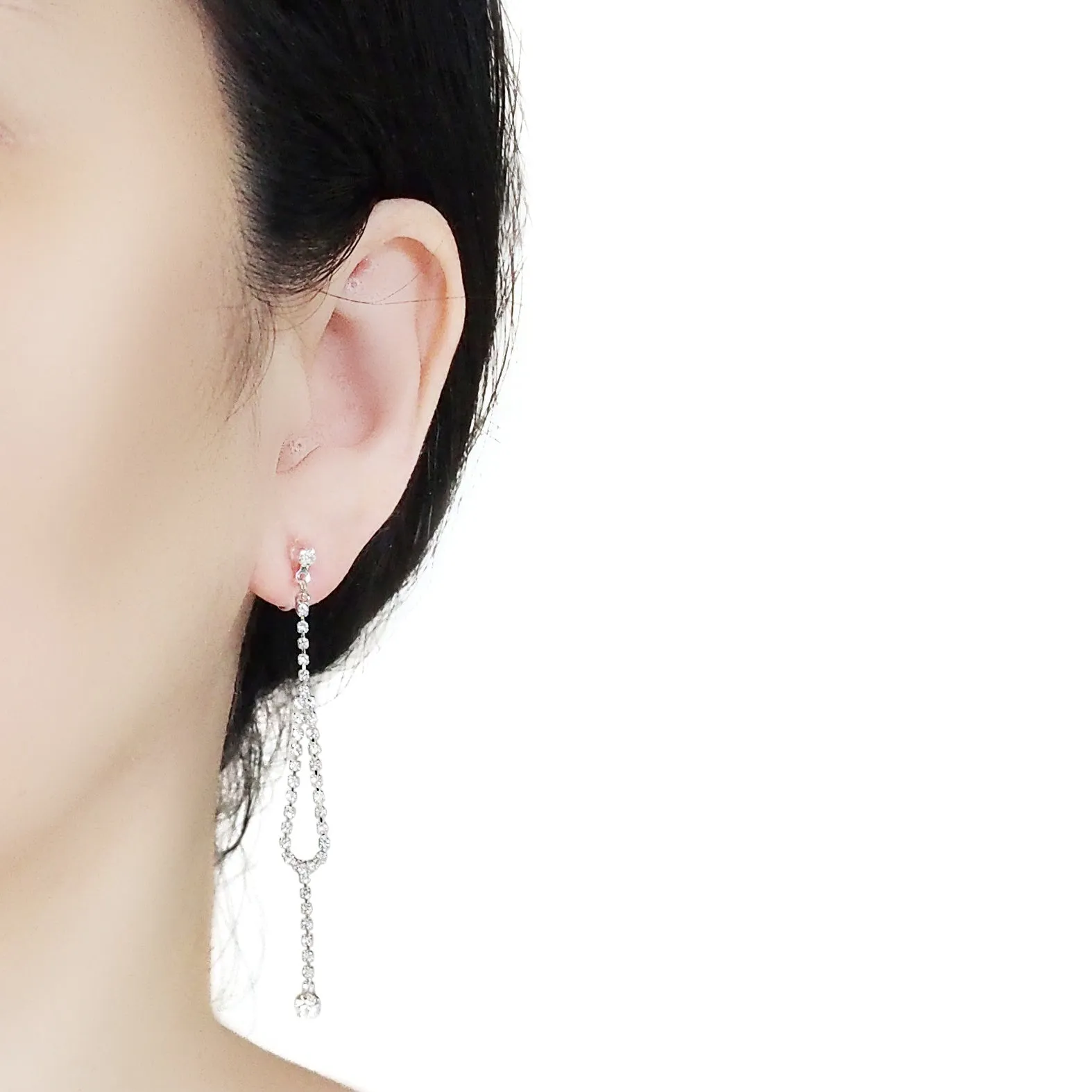 Dangle Silver Long Teardrop Rihnestone Crystal Invisible Clip On Earrings