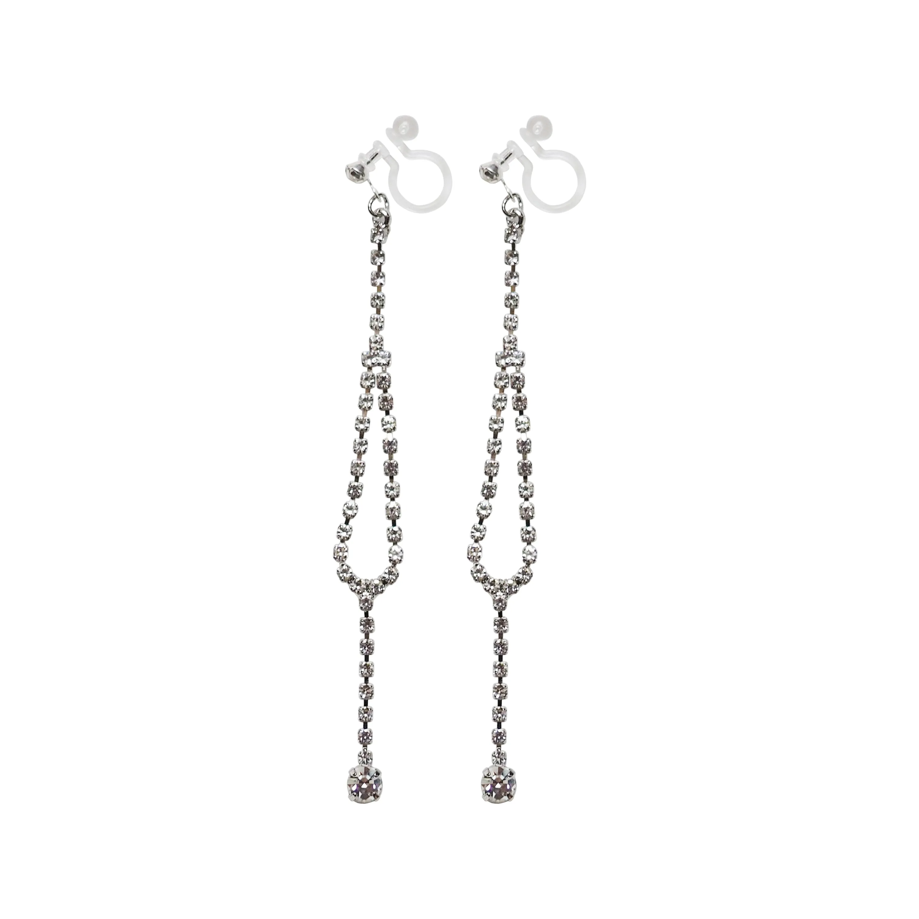 Dangle Silver Long Teardrop Rihnestone Crystal Invisible Clip On Earrings
