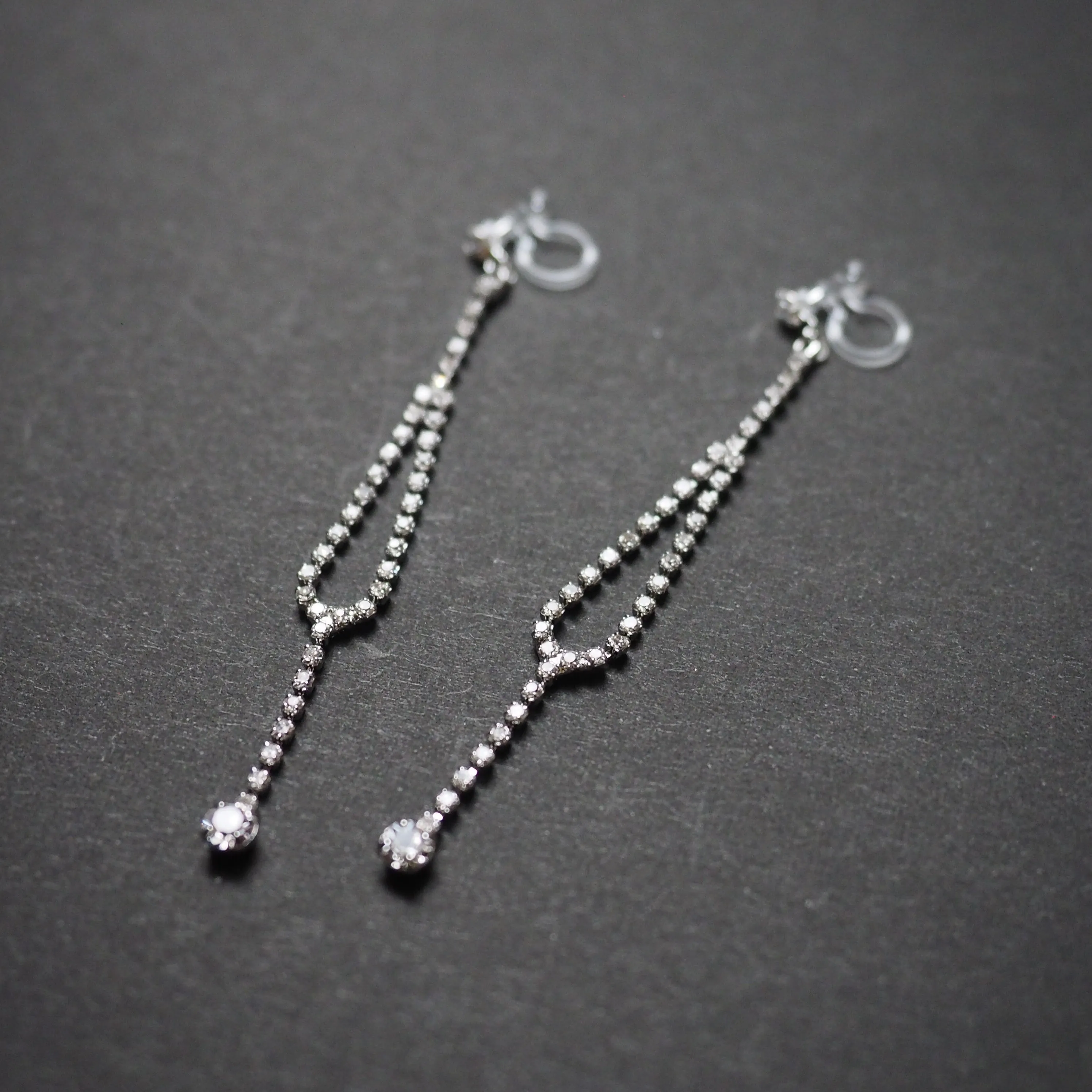 Dangle Silver Long Teardrop Rihnestone Crystal Invisible Clip On Earrings