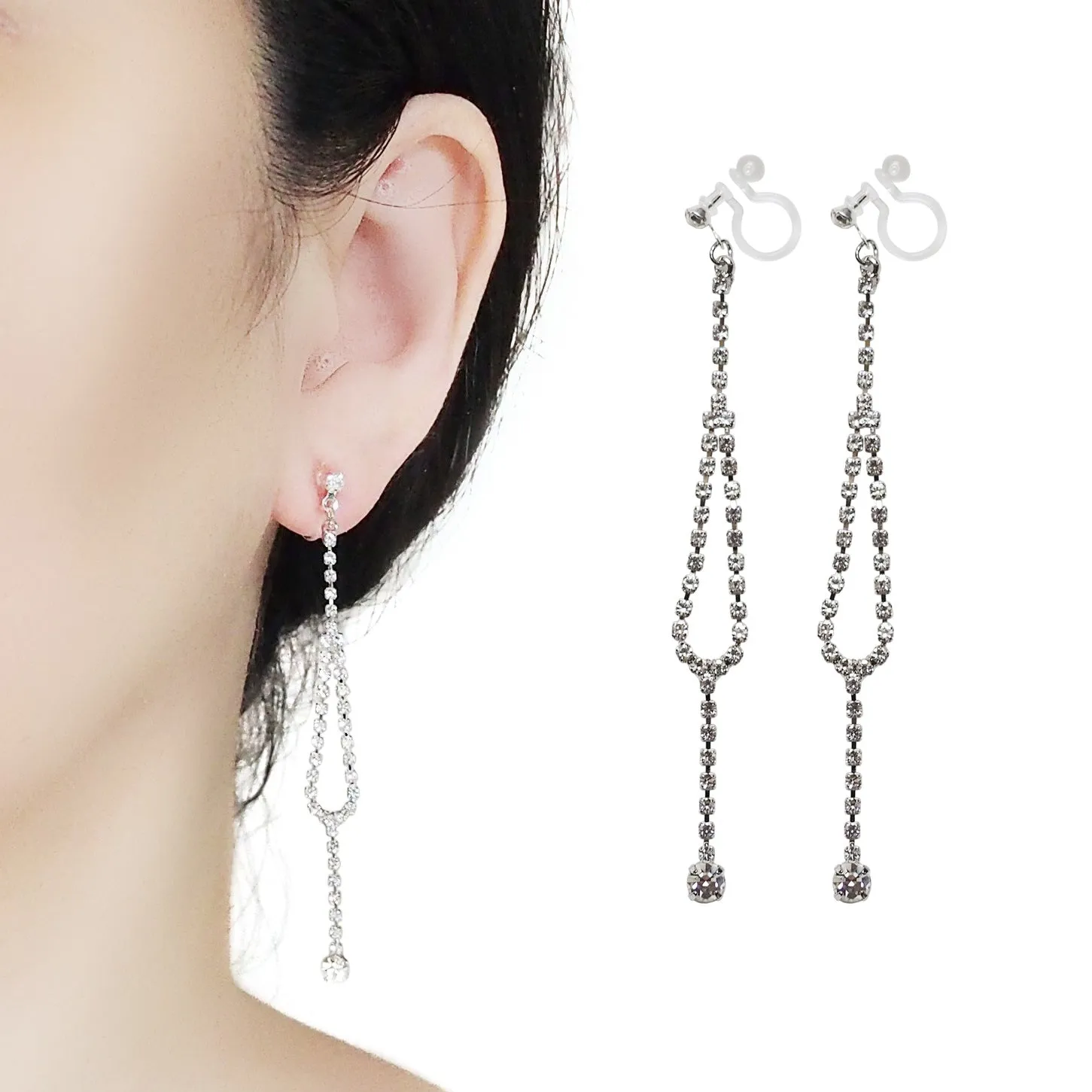 Dangle Silver Long Teardrop Rihnestone Crystal Invisible Clip On Earrings
