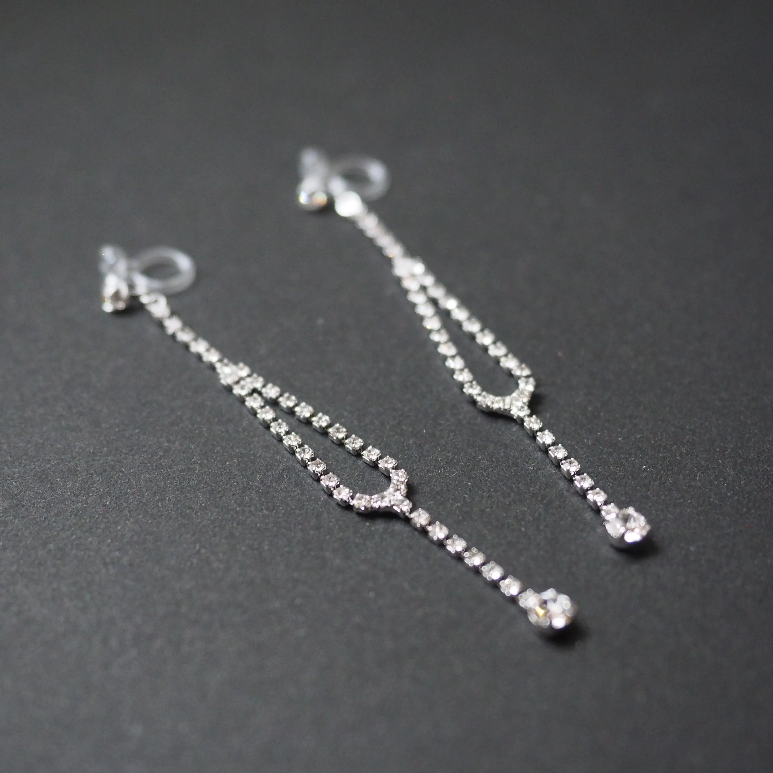 Dangle Silver Long Teardrop Rihnestone Crystal Invisible Clip On Earrings