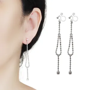 Dangle Silver Long Teardrop Rihnestone Crystal Invisible Clip On Earrings
