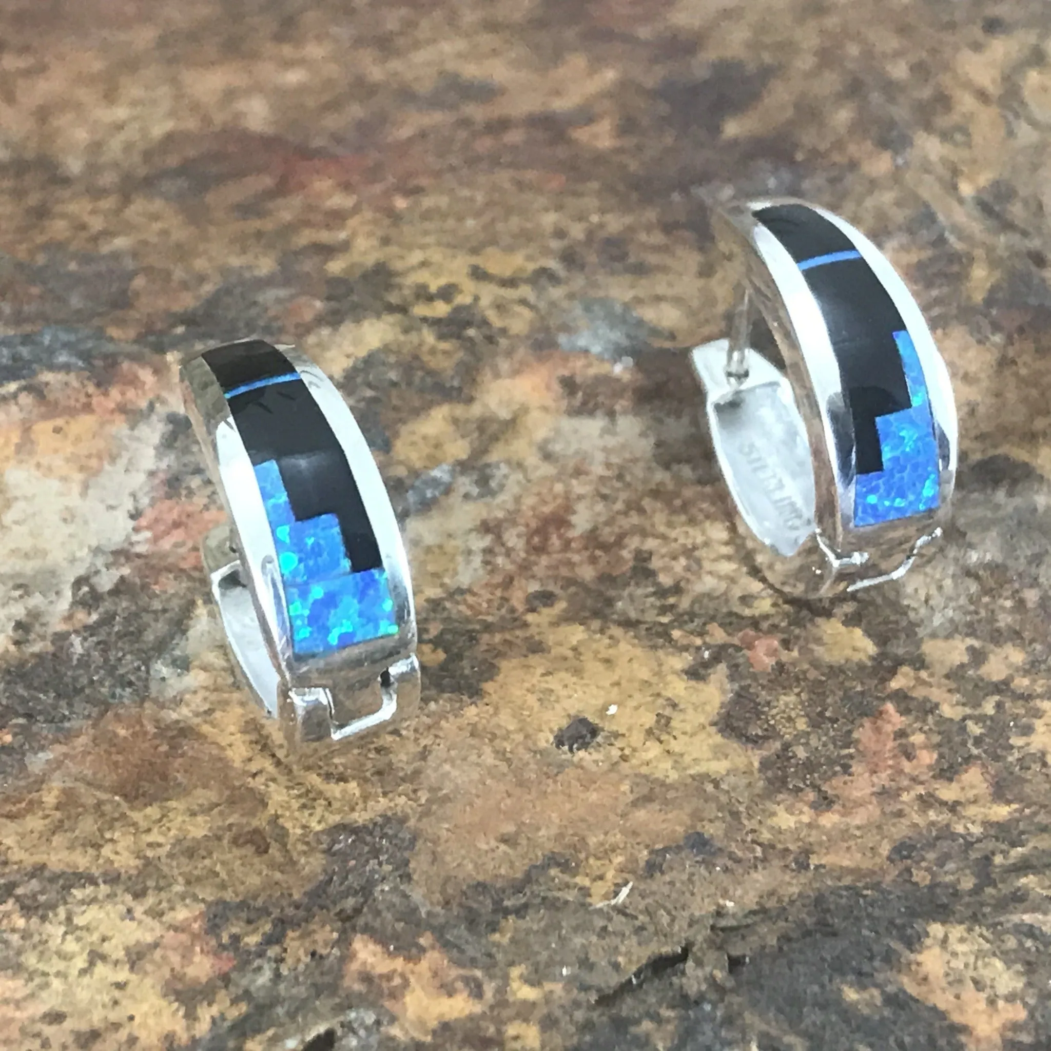 David Rosales Black Beauty Fancy Inlaid Sterling Silver Earrings Huggies