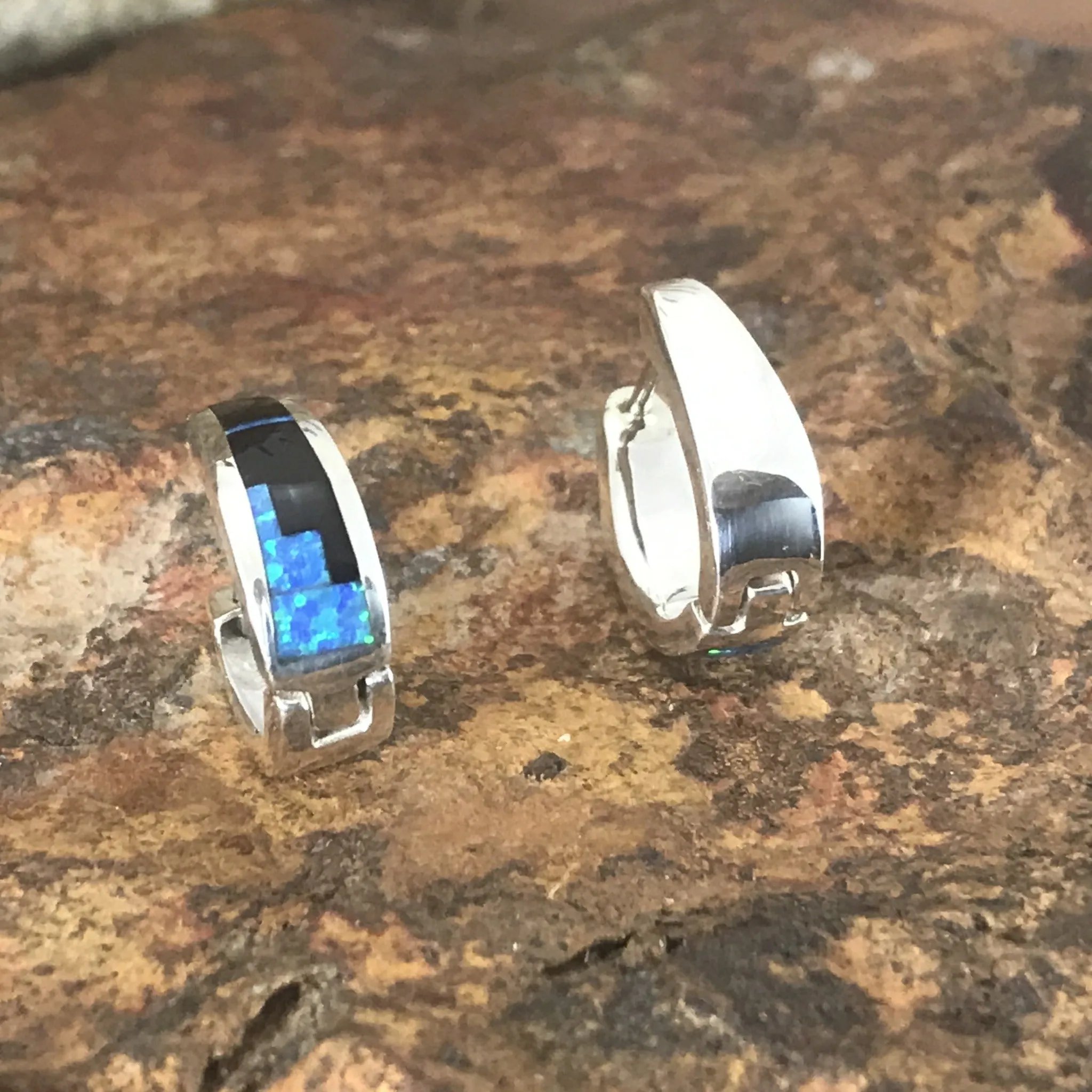 David Rosales Black Beauty Fancy Inlaid Sterling Silver Earrings Huggies
