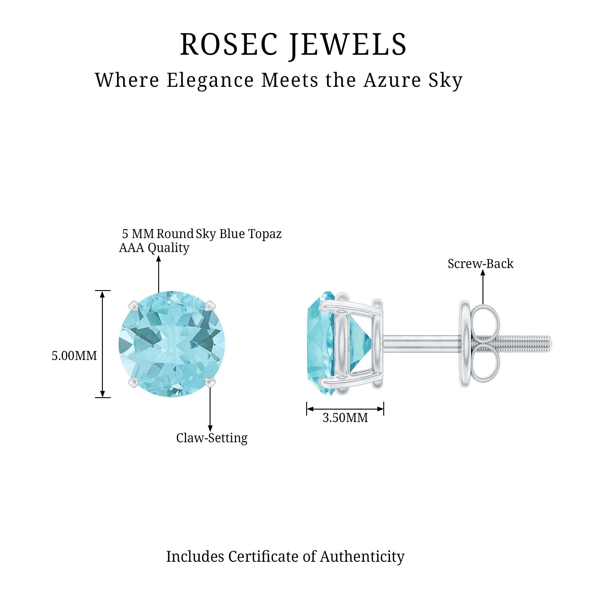 December Birthstone 1/2 CT Classic Sky Blue Topaz Solitaire Stud Earrings for Women