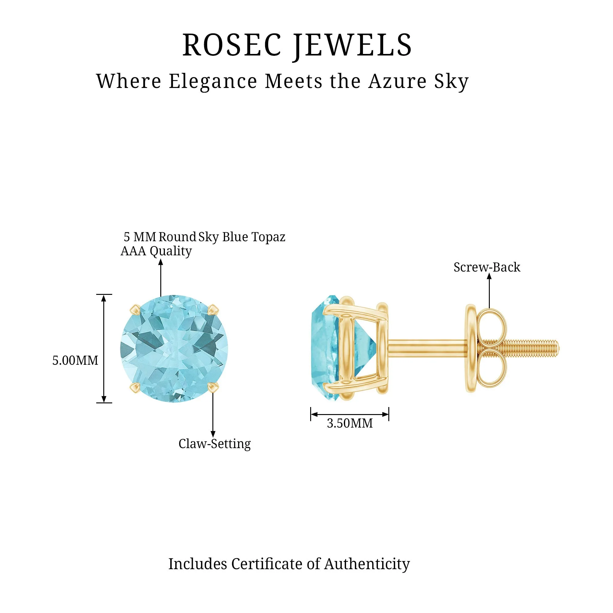 December Birthstone 1/2 CT Classic Sky Blue Topaz Solitaire Stud Earrings for Women