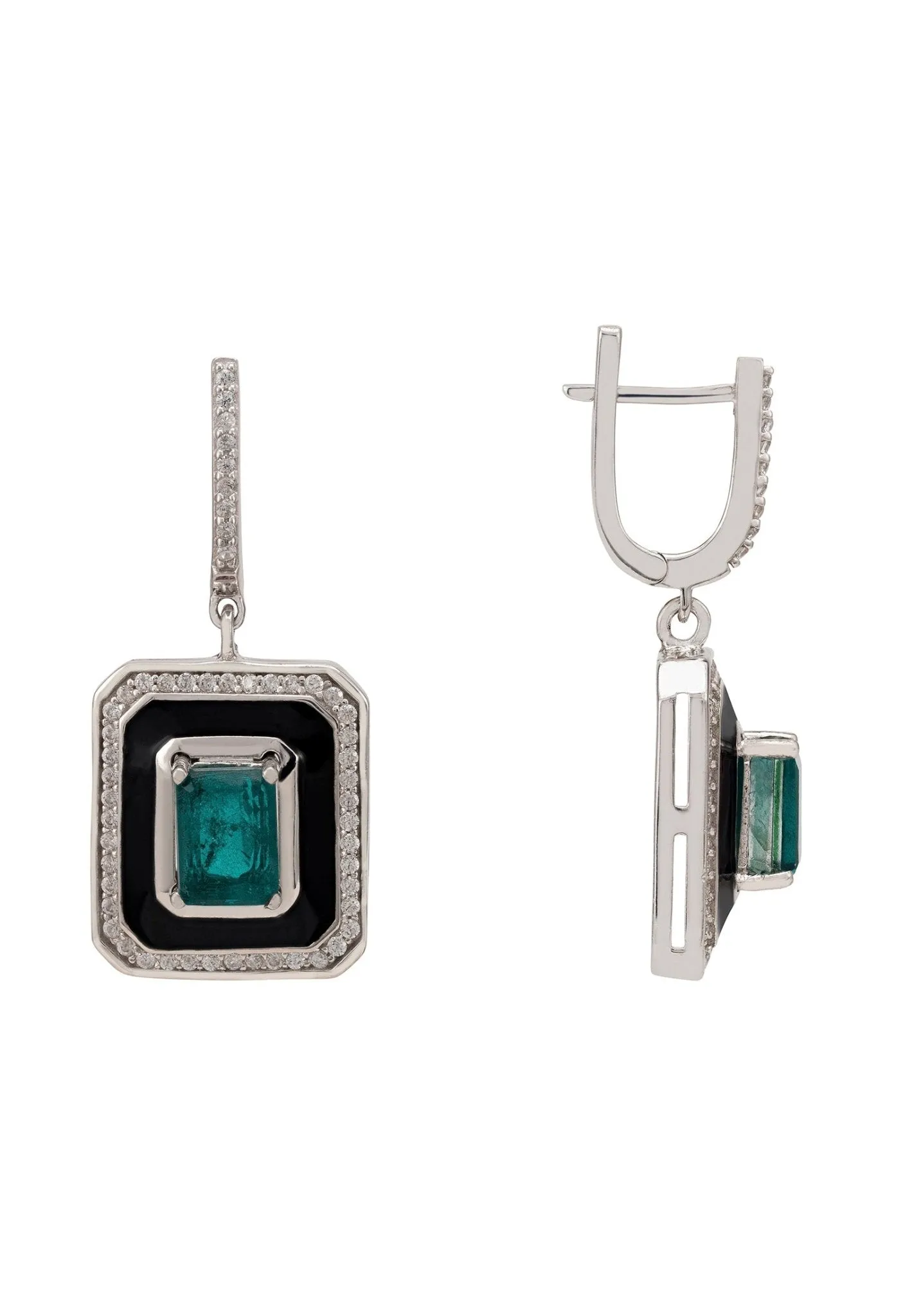 Deco Emerald & Enamel Earrings Silver