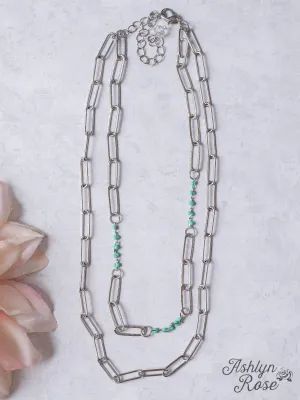 DON'T CALL ME HONEY TURQUOISE BEAD SILVER LINKED CHAIN NECKLACE