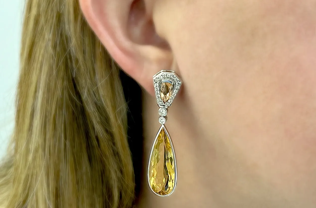 Earrings 18kt Gold Citrines Drop with Precious Topaz & Diamonds