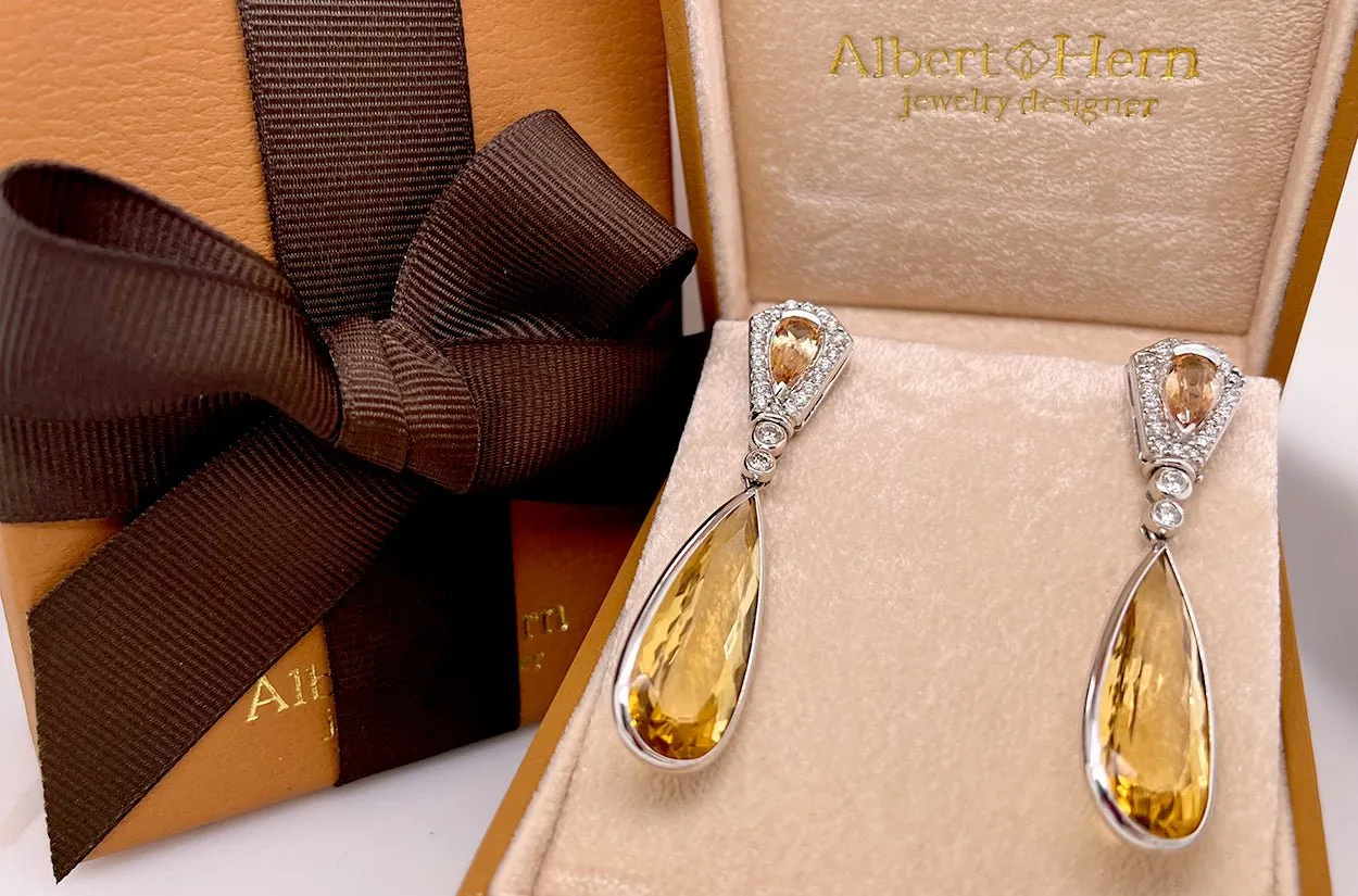 Earrings 18kt Gold Citrines Drop with Precious Topaz & Diamonds