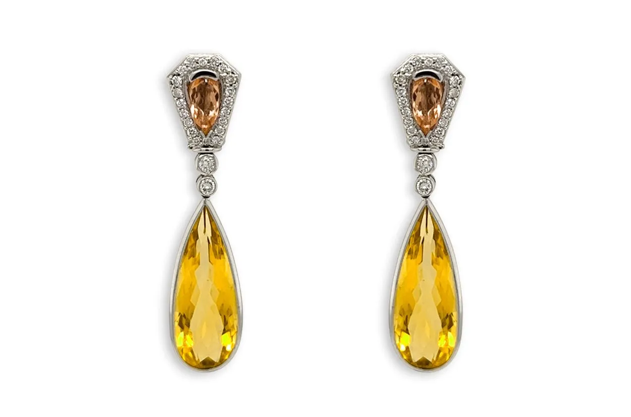 Earrings 18kt Gold Citrines Drop with Precious Topaz & Diamonds