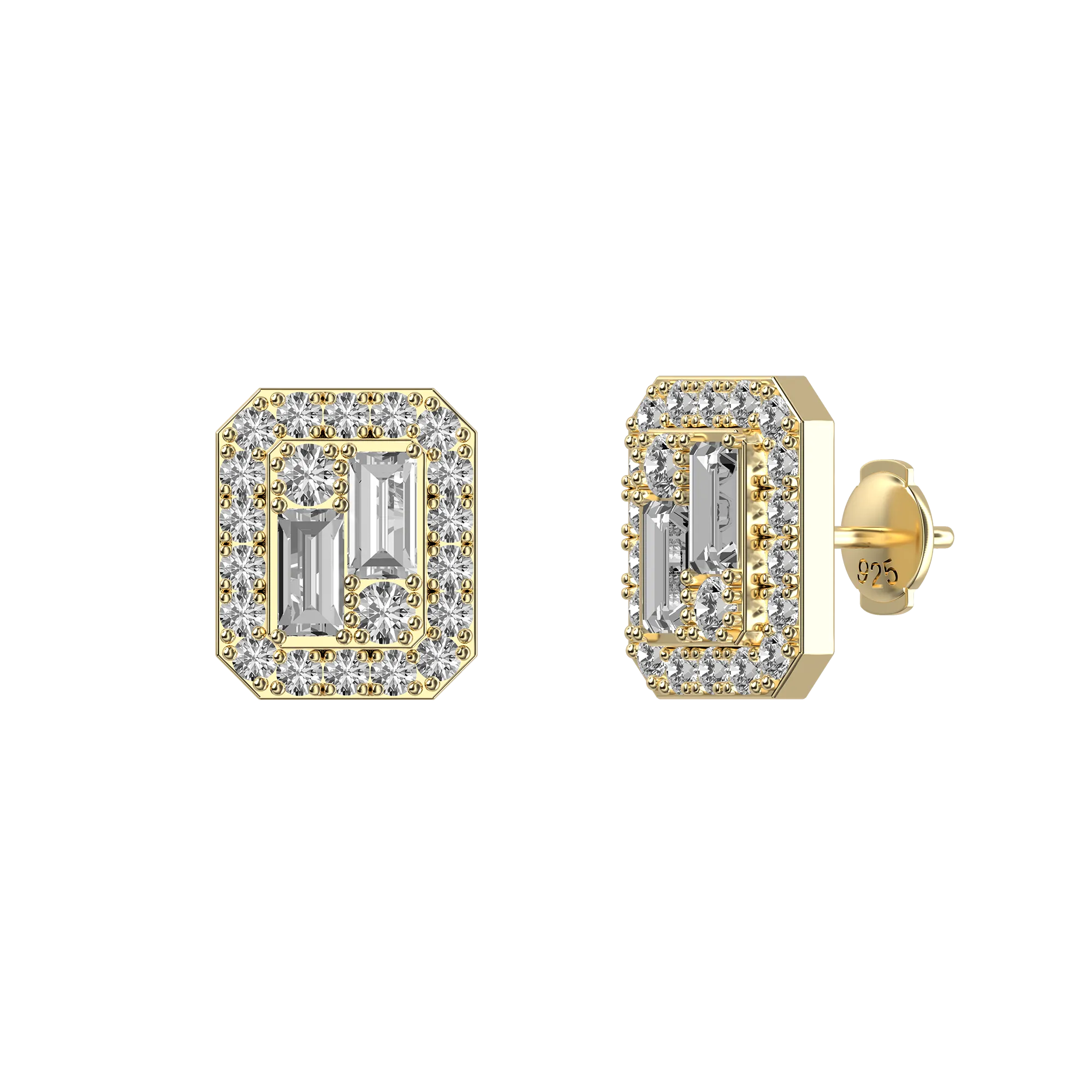 Emerald Cut Mix Halo Stud Earrings - Pair