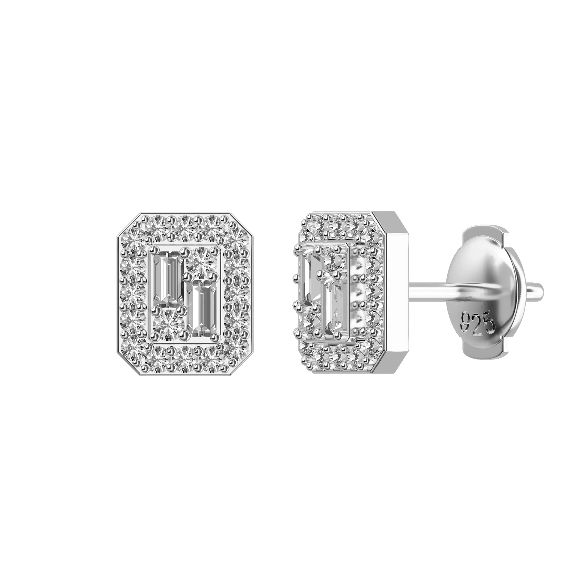 Emerald Cut Mix Halo Stud Earrings - Pair